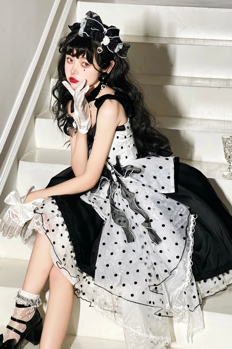 Black Polka Waltz Sleeveless Print Bowknot Stitching Lace Gothic Lolita Jsk Dress