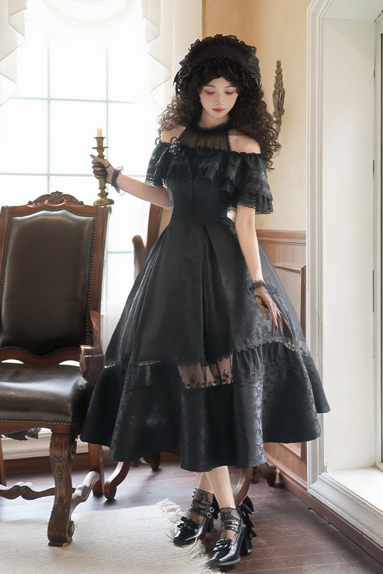 Black Flowers in the Mist Off Shoulder Halterneck Print Ruffle Gothic Elegant Lolita Dress
