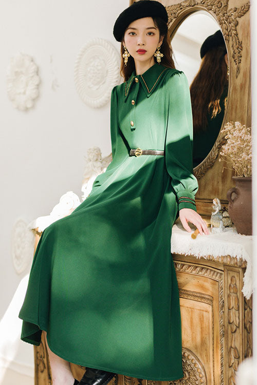Solid Color Navy Style Vintage Lapel Collar High Waisted Long Sleeves Classic Lolita Dress