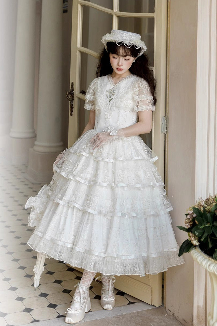 White Morning Dew Lily Short Sleeves Multi-Layered Ruffle Embroidery Sweet Elegant Lolita Dress