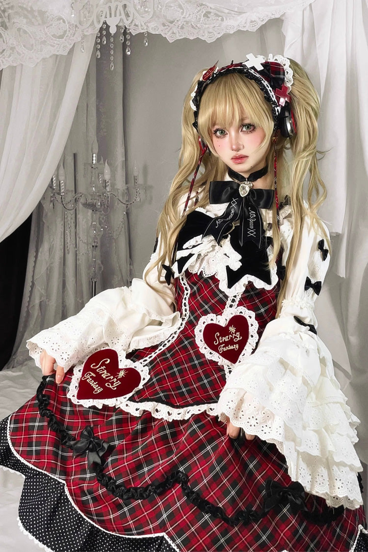 Red Shibuya Sweetheart Sleeveless Plaid Print Ruffle Bowknot Sweet Lolita Jsk Dress (Plus Size Support)