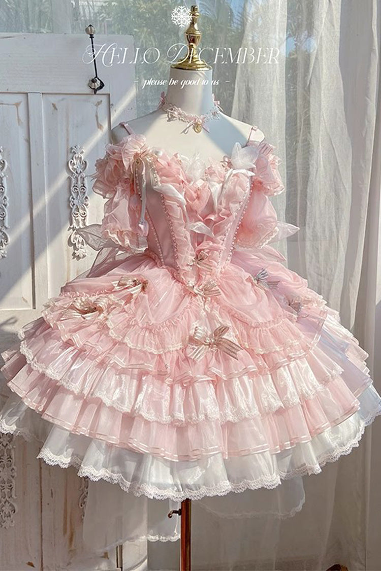 Pink Tulip and Wind Chime Multi-Layered Ruffle Bowknot Lace Sweet Gorgeous Lolita Jsk Dress