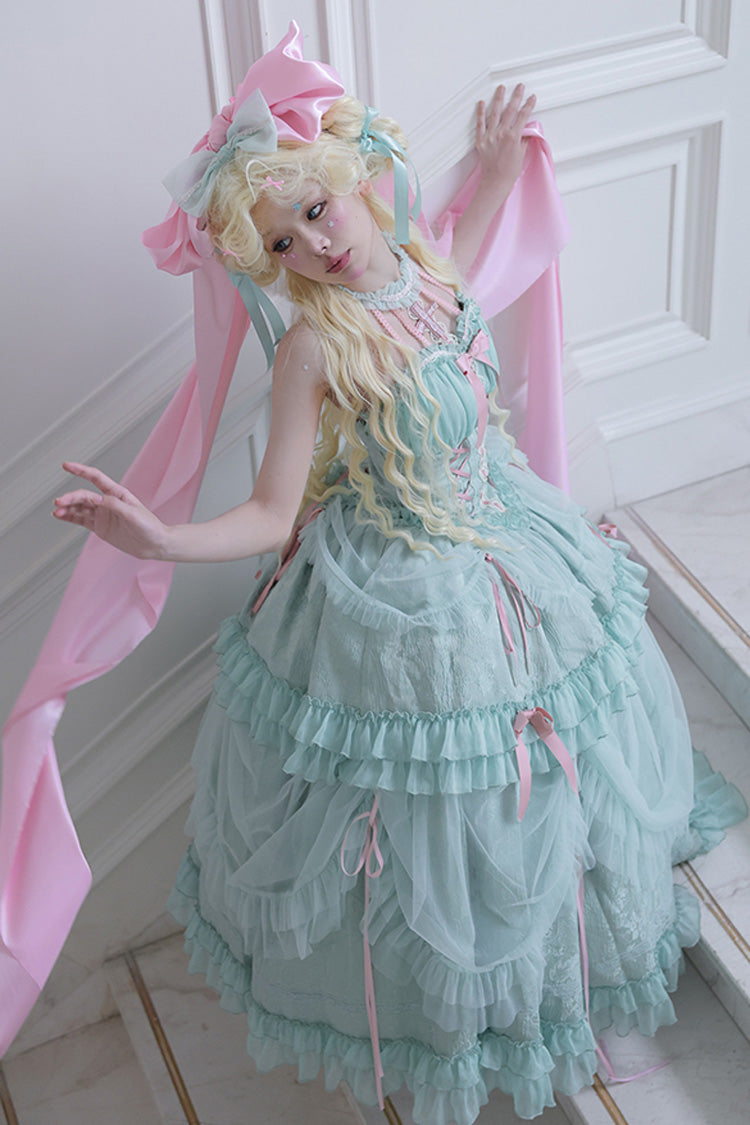 Green Cross Halterneck Ruffle Bowknot Lace Lace-Up Princess Sweet Lolita Dress