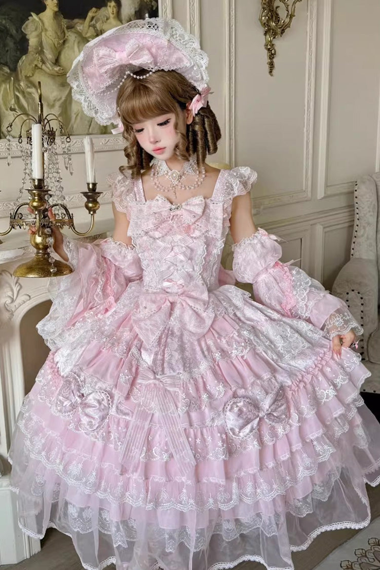 Pink Prelude of Spring Sleeveless Multi-Layered Ruffled Bow Lace Sweet Princess Lolita Jsk Dress