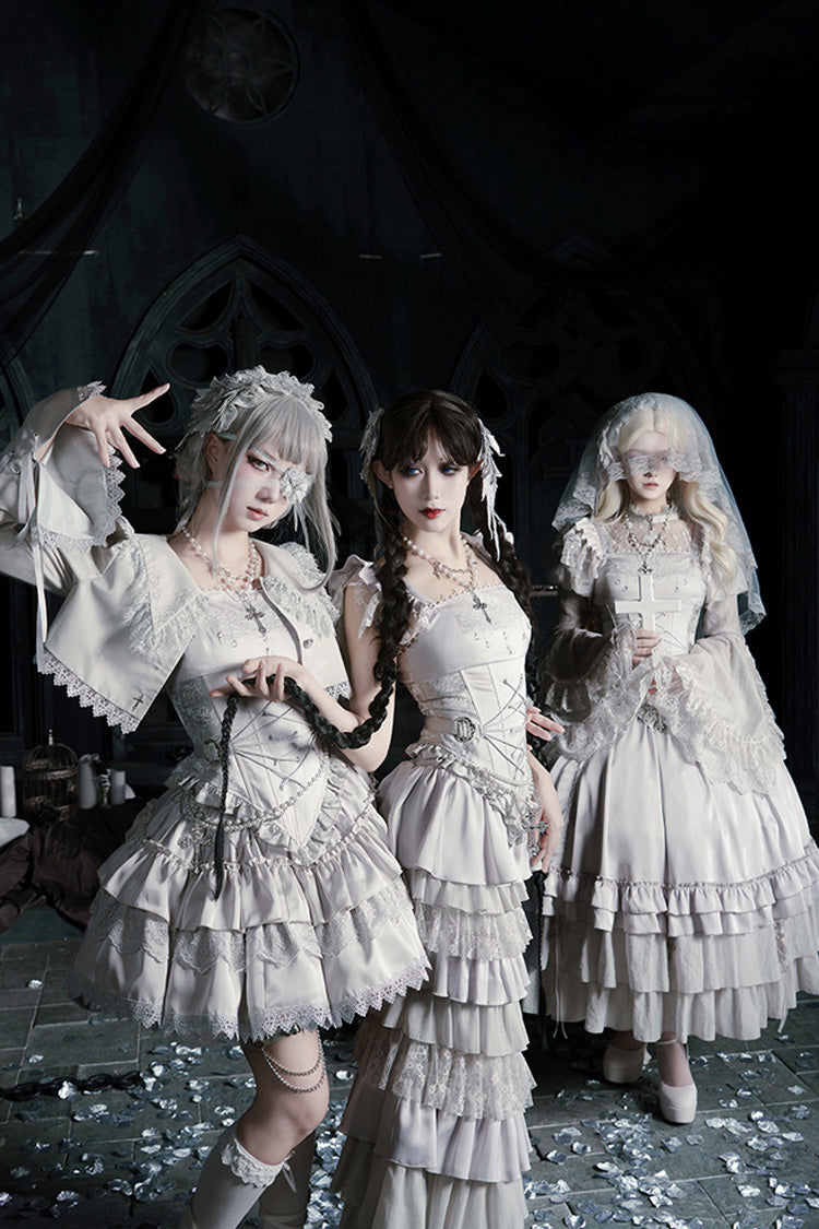 Solid Color Bionic Doll Square Collar Multi-Layered Ruffle Bowknot Lace-Up Gothic Lolita Long Skirt Corset Set