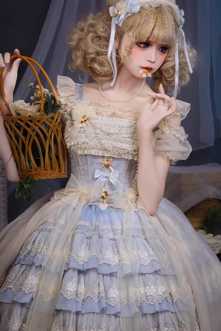 Sweet Triple-Layered Ruffle Bowknot Lace Princess Ballet Lolita Tiered Dress 2 Colors