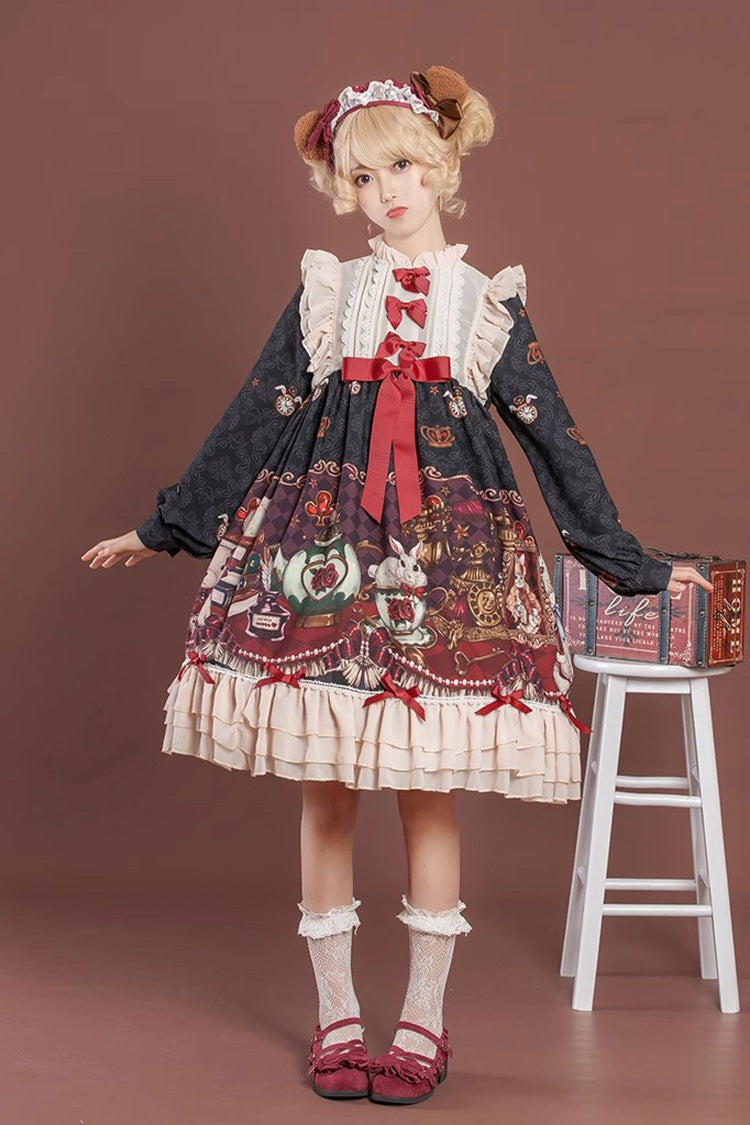 Rabbit and Bear Feast  Long Sleeves Multi-Layered Print Ruffle Bowknot Sweet Lolita Dress 2 Colors
