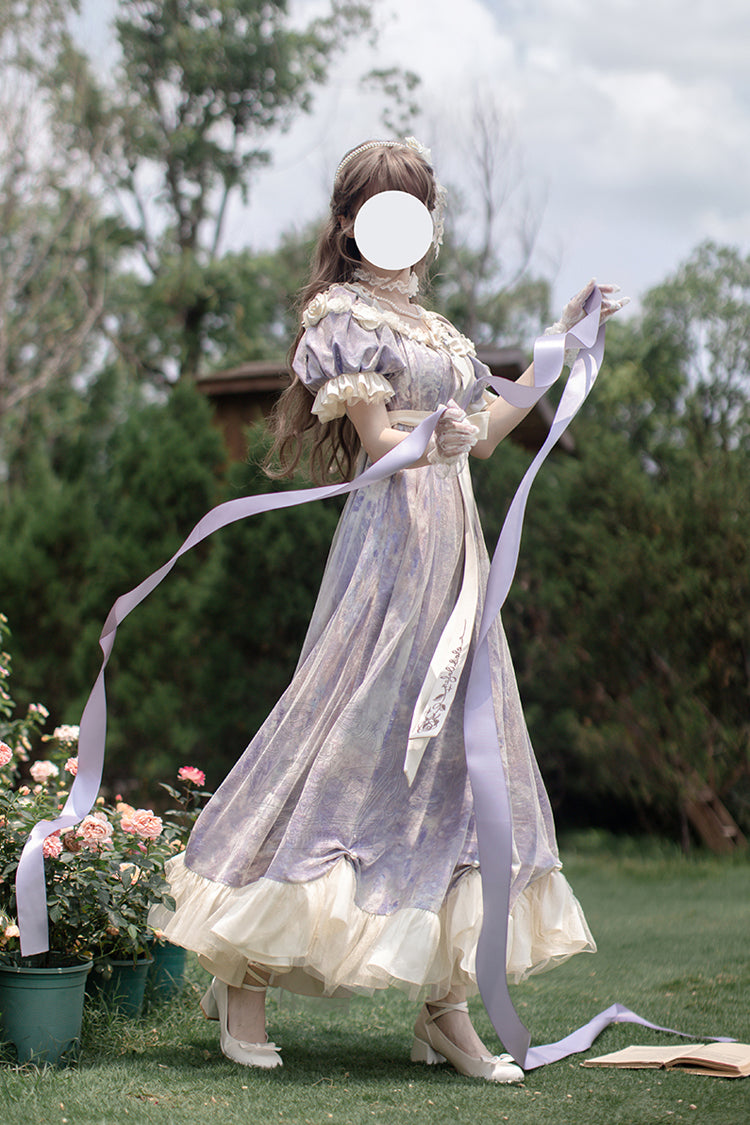 Purple Oil Painting Sun and Moon Poem Short Sleeves Print Ruffle Bowknot Sweet Princess Lolita Dress