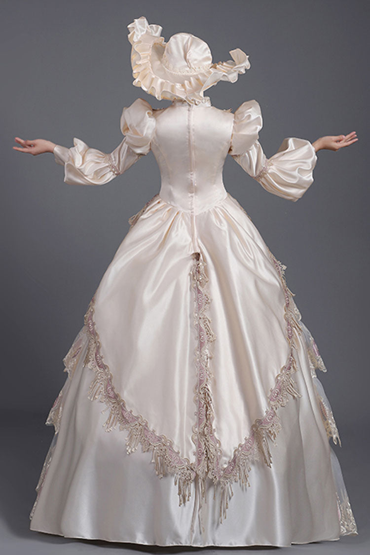 Champagne Lantern Sleeves High Waisted Three Dimensional Flower Print Victorian Lolita Prom Tiered Dress