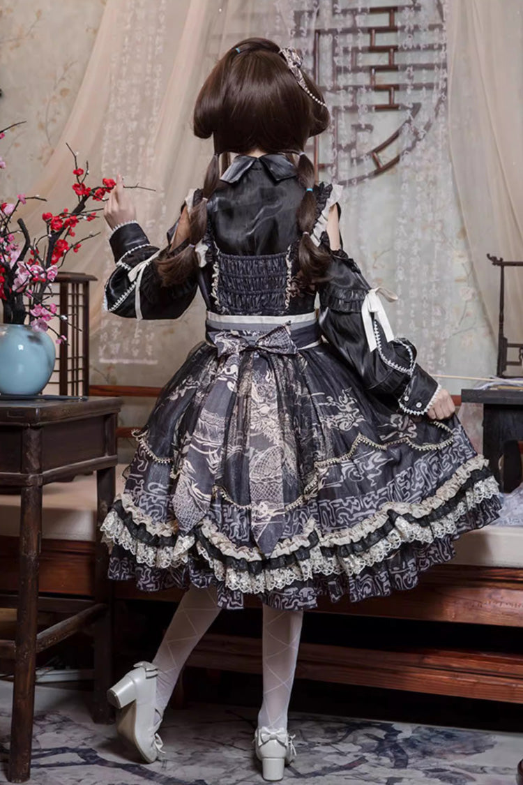 Black Yuelong Poetry Print Ruffle Lace Sweet Chinese Style Lolita Jsk Dress
