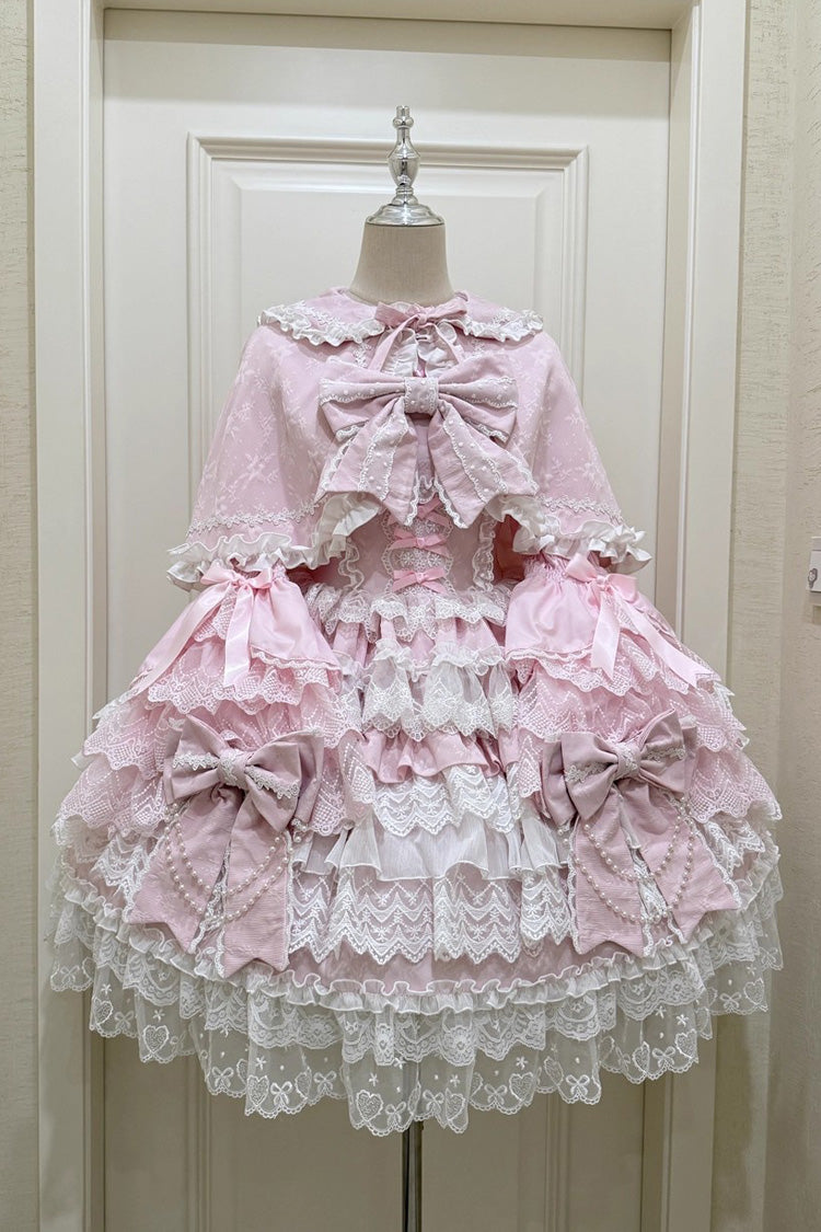 Pink Knot of the Crossed Heart Sleeveless Multi-Layered Ruffle Hanayome Cardigan Bowknot Lace Lace-Up Sweet Lolita Jsk Dress