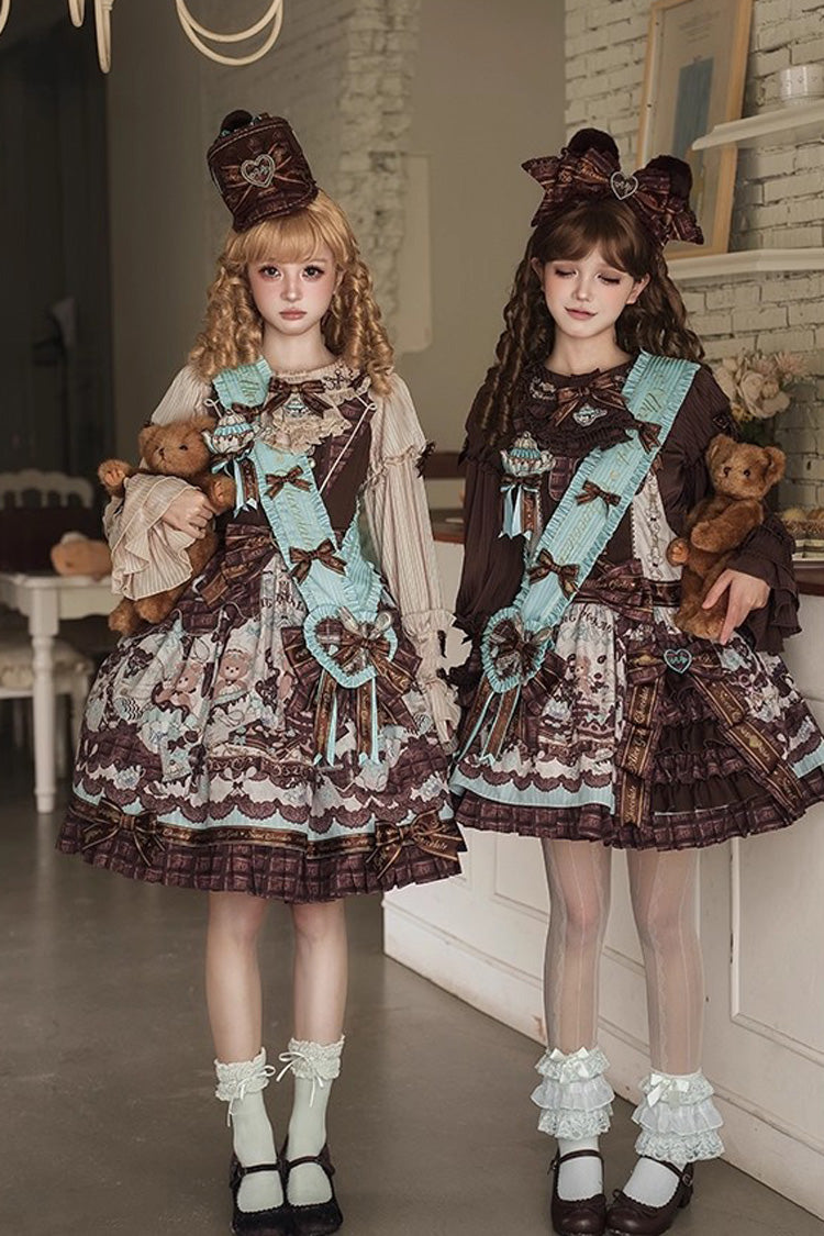 Brown Teddy Bear Chocolate Sleeveless Print Ruffle Side Cardigan Bowknot Asymmetric Sweet Lolita Strap Dress