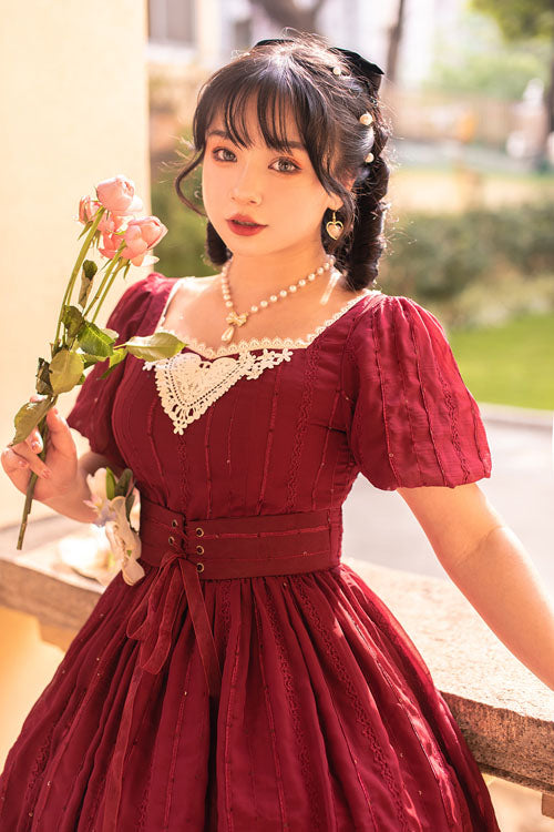 Wine Elegant Vintage Square Collar Short Sleeves Multi-Layer Ruffled Classic Lolita OP Dress