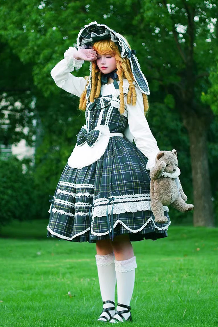 Green Gingham Petal Bunny Printed Ruffled Bow Sweet Lolita Jsk Dress