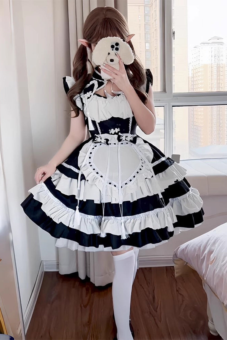 Black/White Love Double-Layered Ruffle Bowknot Sweet Plus Size Chinese Style Lolita Dress Full Set