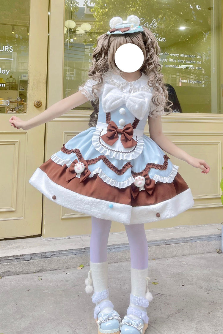 Blue/Brown Cream Snow Cat Winter Ruffle Bowknot Sweet Lolita Jsk Dress