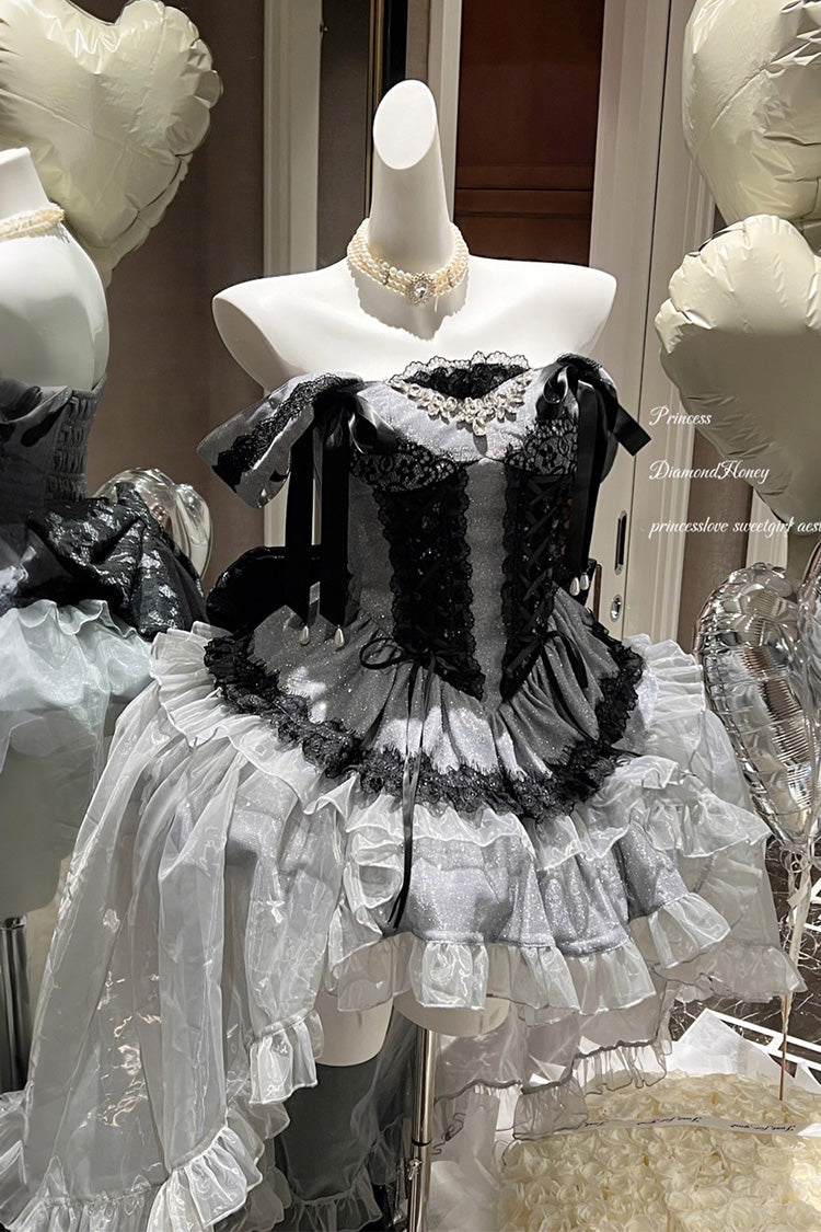 Black/Grey Love Poem Boat Neck Sleeveless Multi-Layered Ruffle Bowknot Princess Classic Lolita Top  Skirt-Pants Set