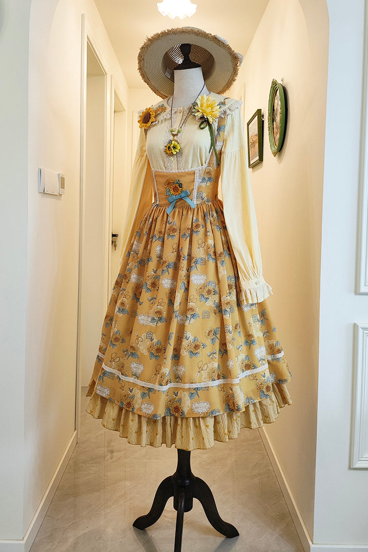 Yellow Gardening Sunflower Sleeveless Print Ruffle Bowknot Sweet Elegant Uplift Lolita Jsk Dress