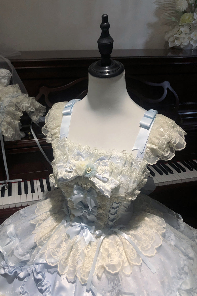 Blue Dreaming Butterfly Multi-Layered Jacquard Ruffle Bowknot Lace Sweet Princess Lolita Jsk Dress
