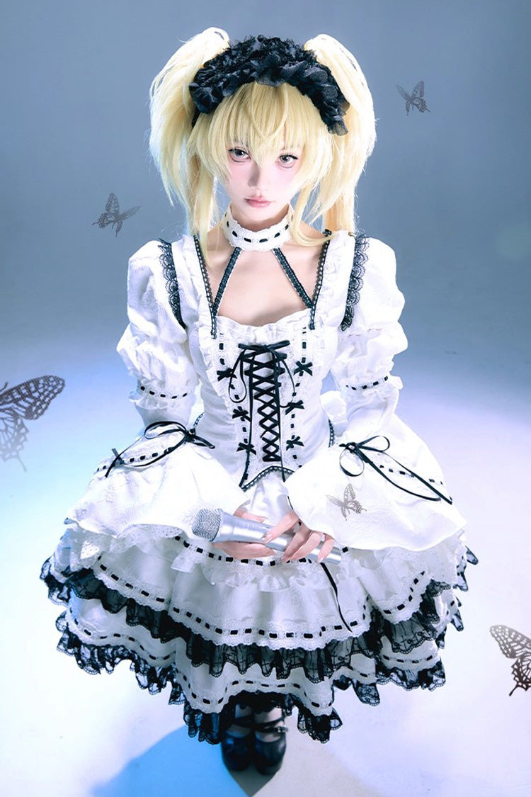 White Witch Long Trumpet Sleeves Double-Layered Ruffle Bowknot Lace-Up Gothic Lolita Skirt Dress Set
