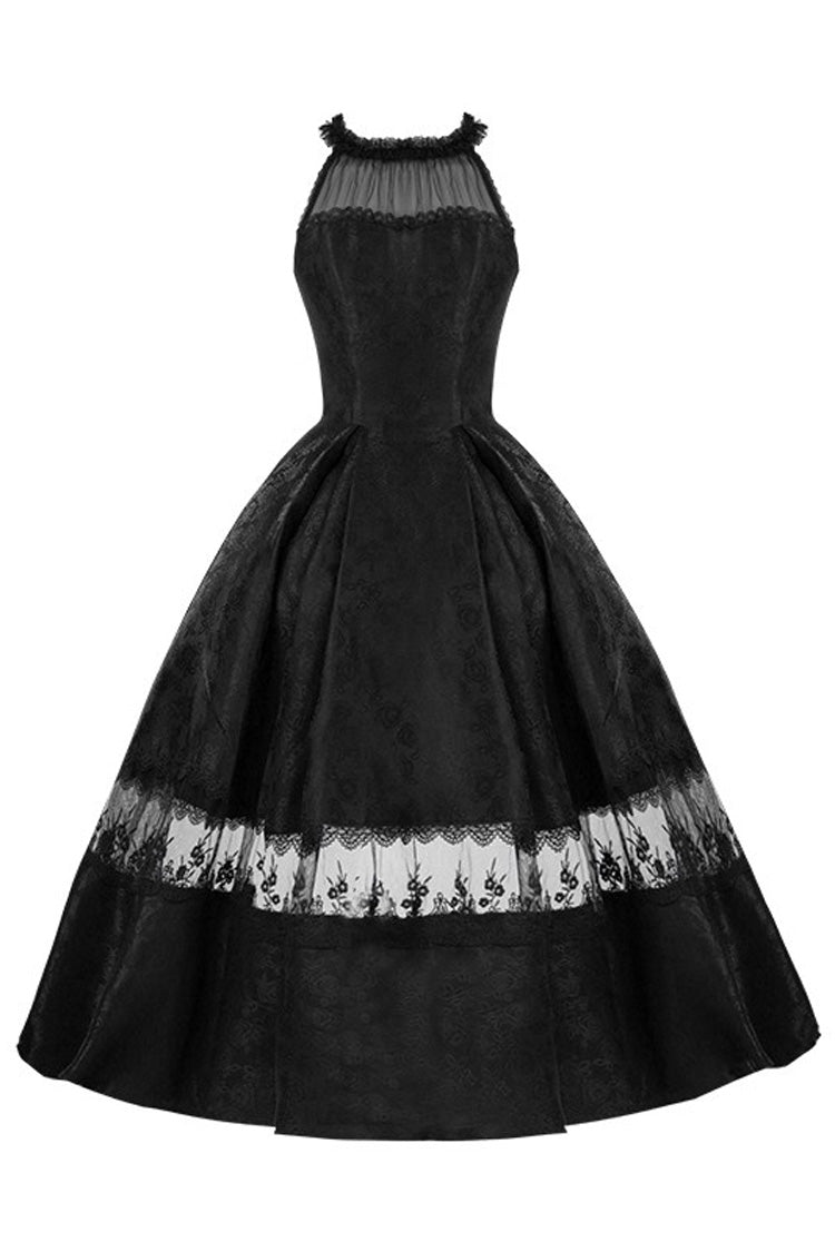 Black Flowers in the Mist Off Shoulder Halterneck Print Ruffle Gothic Elegant Lolita Dress