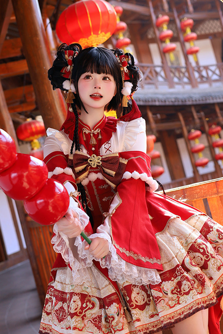 Red New Year Print Ruffle Bowknot Lace-Up Sweet Chinese Style Lolita Jsk Dress