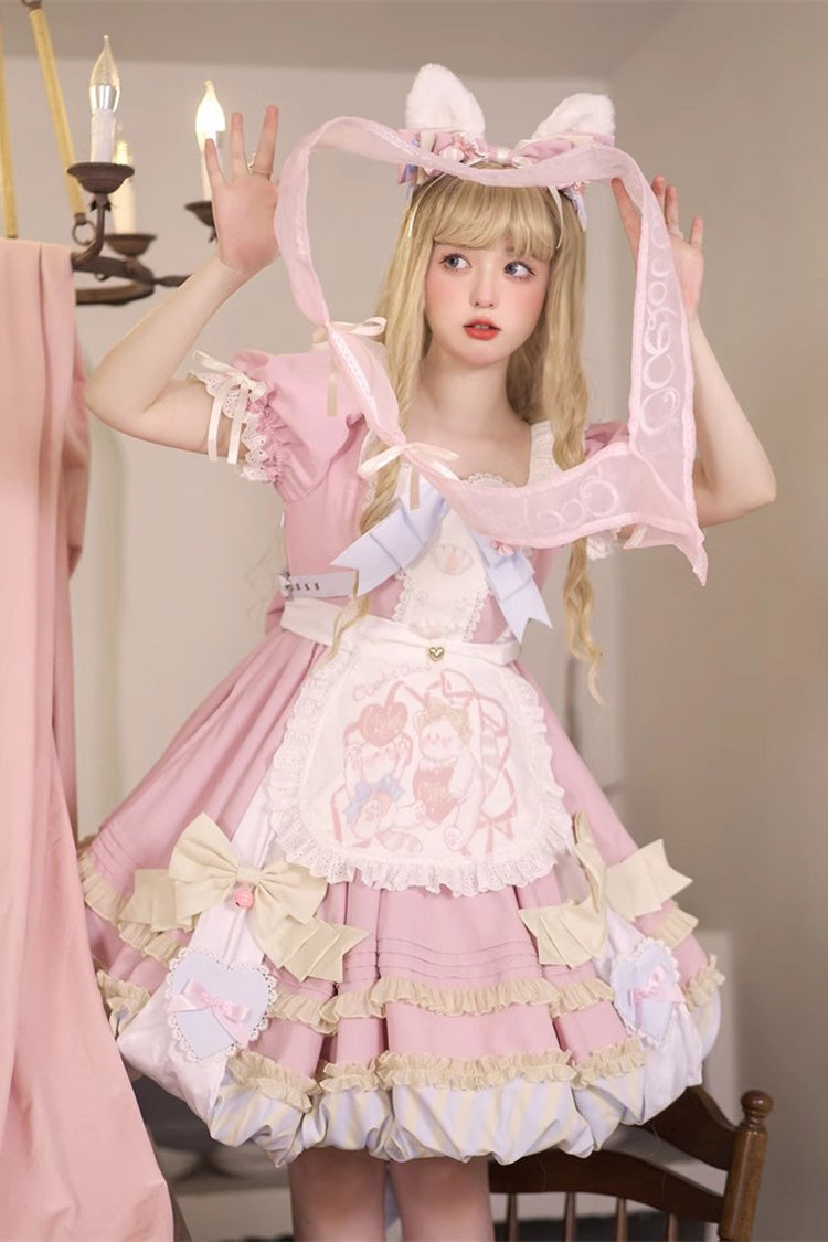 Pink Short Sleeves Multi-Layered Ruffle Bowknot Sweet Princess Lolita Dress Full Set