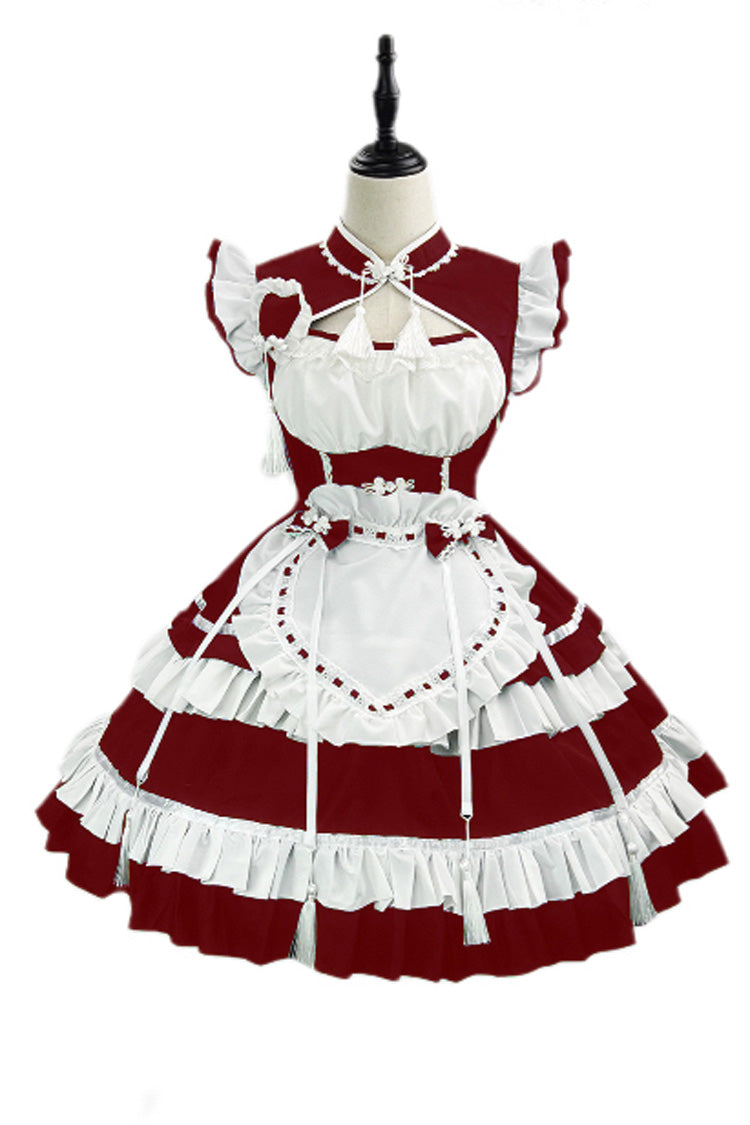Red/White Love Double-Layered Ruffle Bowknot Sweet Plus Size Chinese Style Lolita Dress Full Set