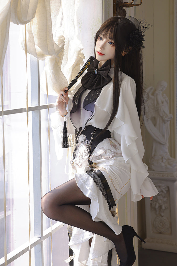 White Star Gate Jacquard Embroidery Bowknot Irregular Sweet Elegant Princess Lolita Skirt