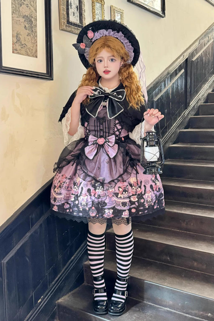 Purple Devil Cat Print Ruffle Bowknot Lace Gothic Lolita Jsk Dress (Plus Size Support)