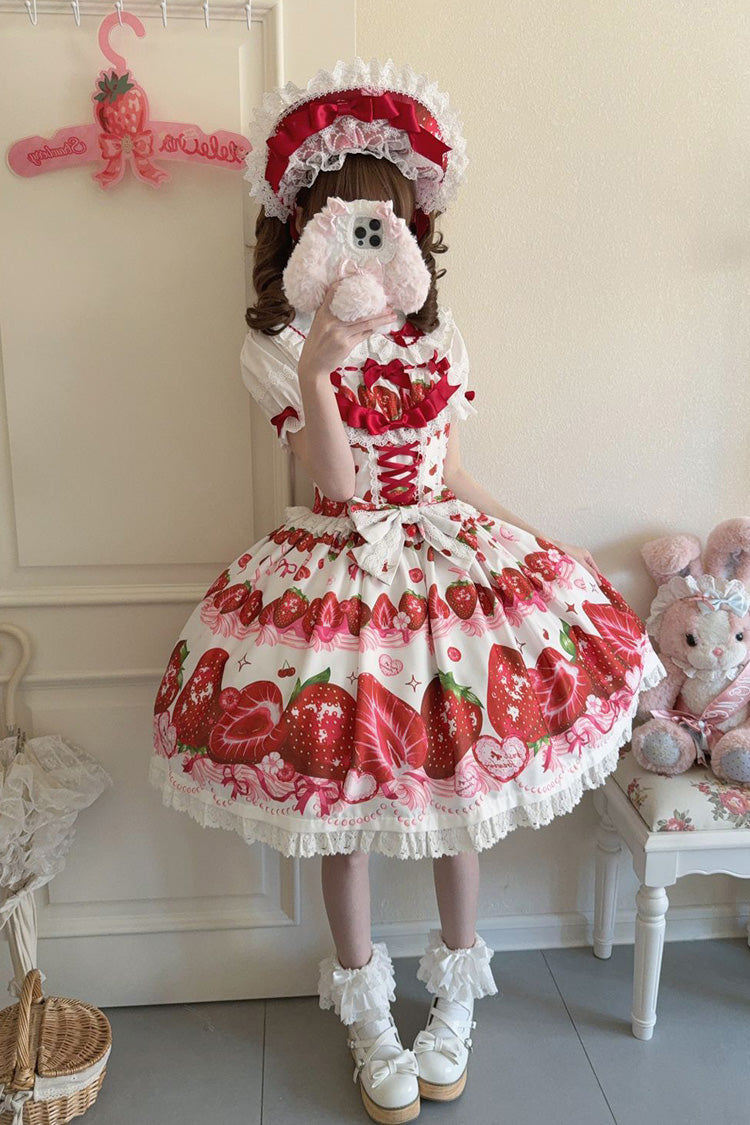 Sweet Berry Tale Strawberry Print Ruffle Bowknot Lace Sweet Lolita Jsk Dress 4 Colors