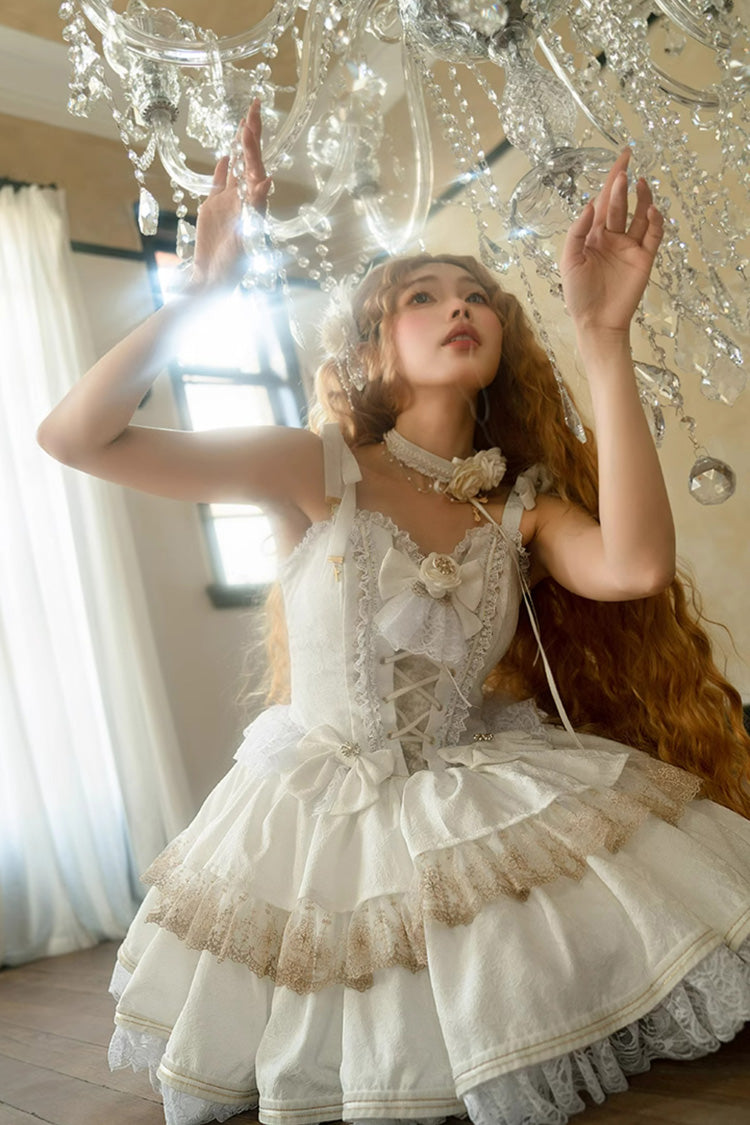 White Double-Layered Ruffle Lace Gothic Ballet Lolita Jsk Dress