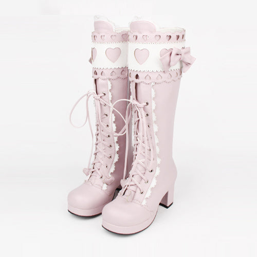 Lace Bowknot Heart Shaped Round Toe Sweet Lolita High Boots