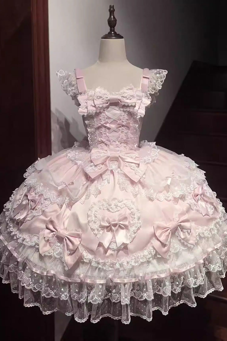 Pink Sweetheart Sleeveless Multi-Layered Embroidered Bow Lace Lace-Up Sweet Lolita Jsk Dress