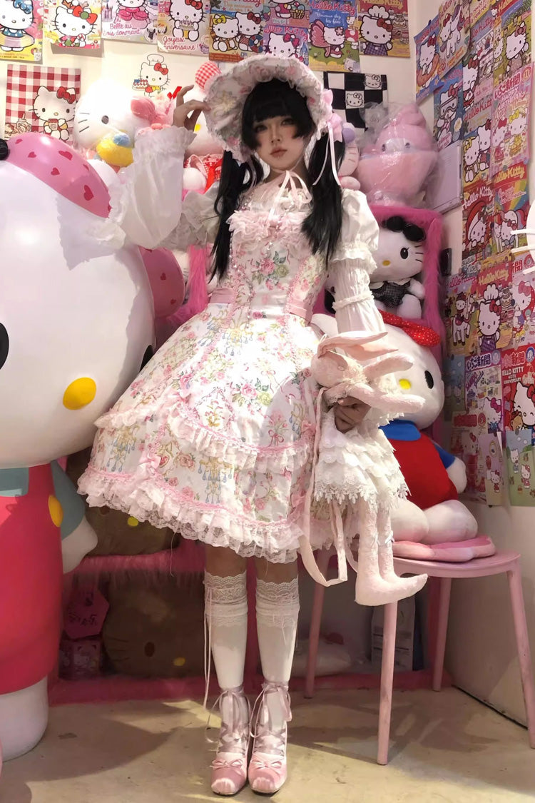 White/Pink Sleeveless Flower Wall Print Ruffle Bowknot Lace Sweet Lolita Jsk Dress