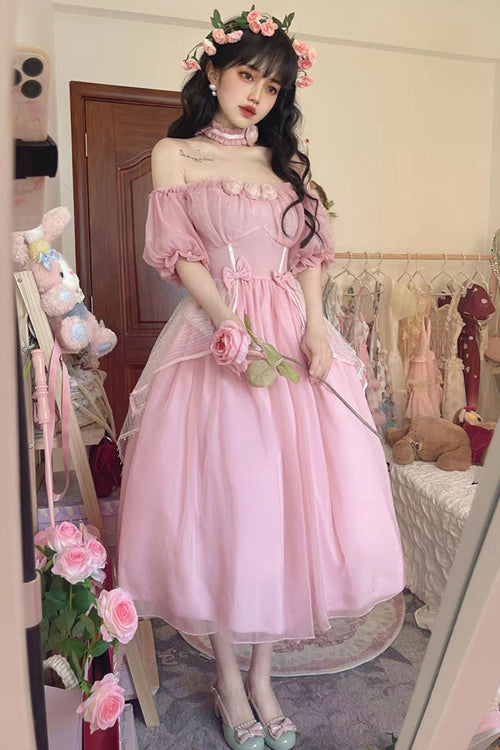 Boat Neck Bubble Short Sleeve Flower Embellished High Waisted Sweet Lolita Dress
