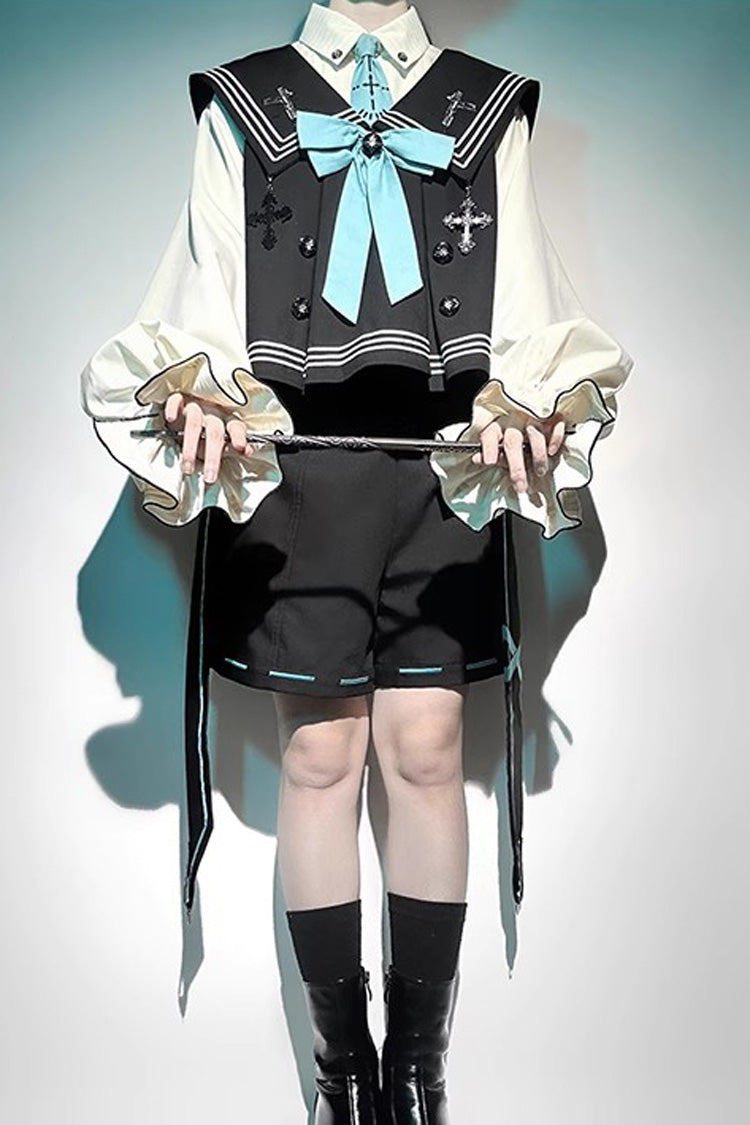 Dark Blue Magician Long Sleeves Ouji Prince Mechanical Style Lolita Shorts Vest Set