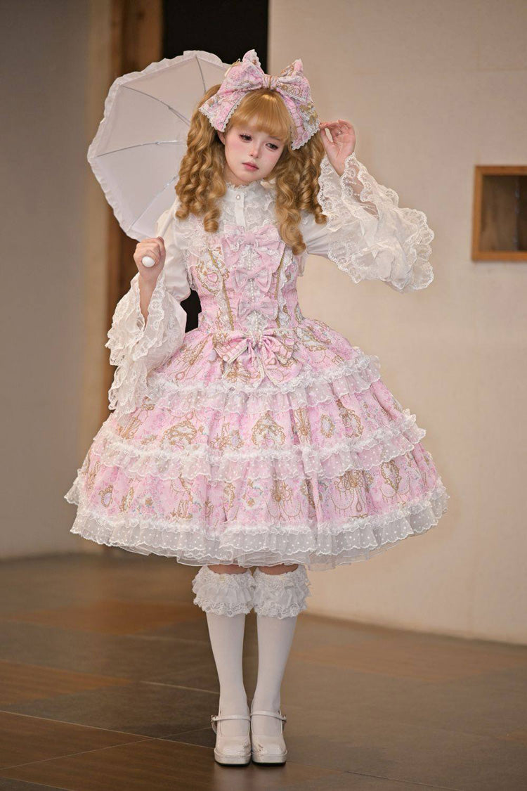 Pink Candelabrum Elegy Sleeveless Triple-Layered Flower Wall Printed Ruffled Bow Lace Sweet Lolita Jsk Dress