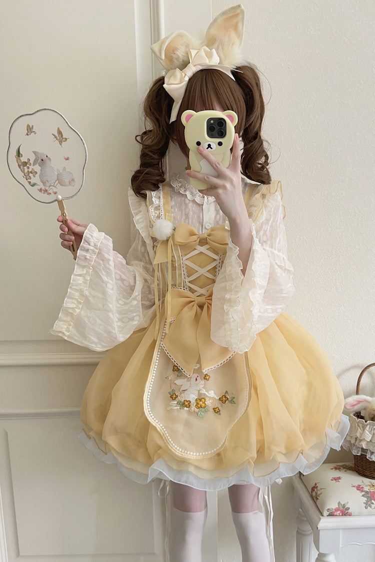 Yellow Moon Rabbit Shadow Embroidery Ruffle Bowknot Lace Sweet Lolita Jsk Dress