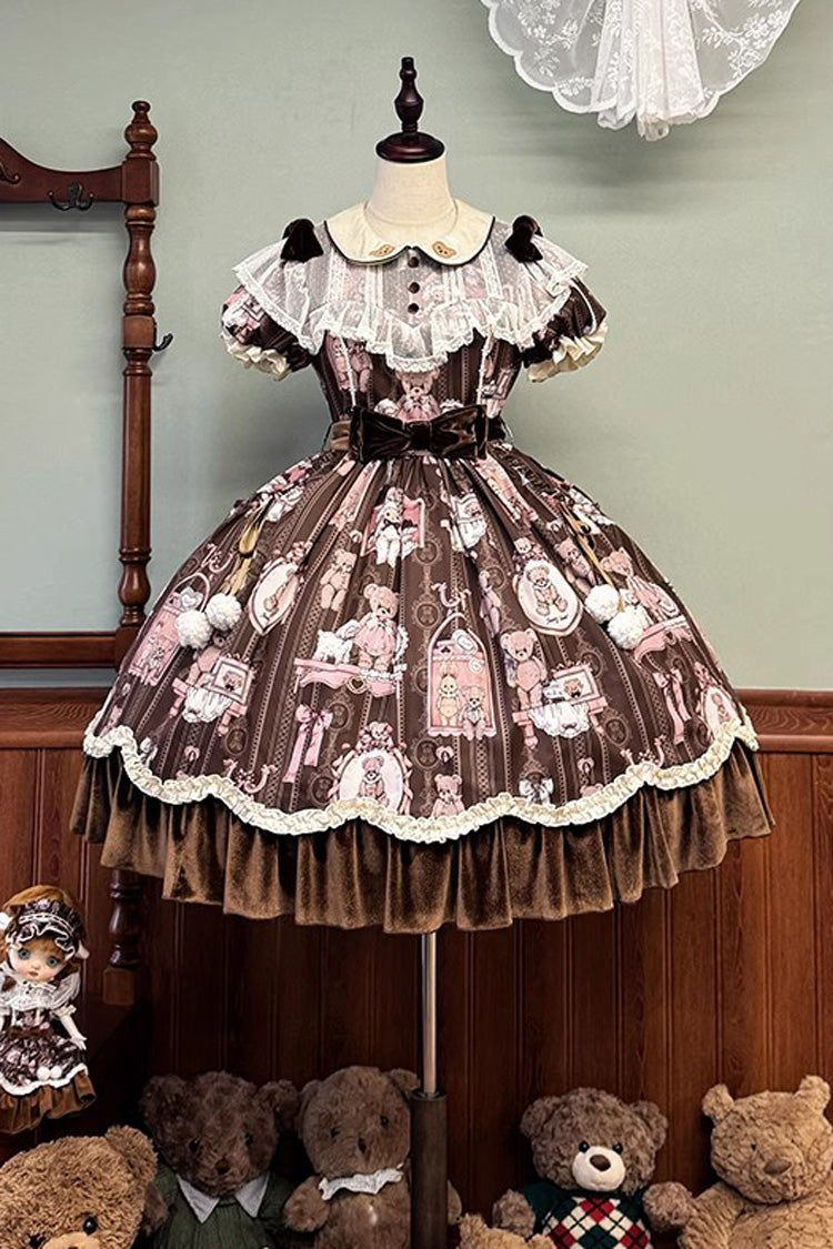 Brown Bear Doll Wall Print Short Sleeves Ruffle Embroidery Bowknot Sweet Lolita Dress
