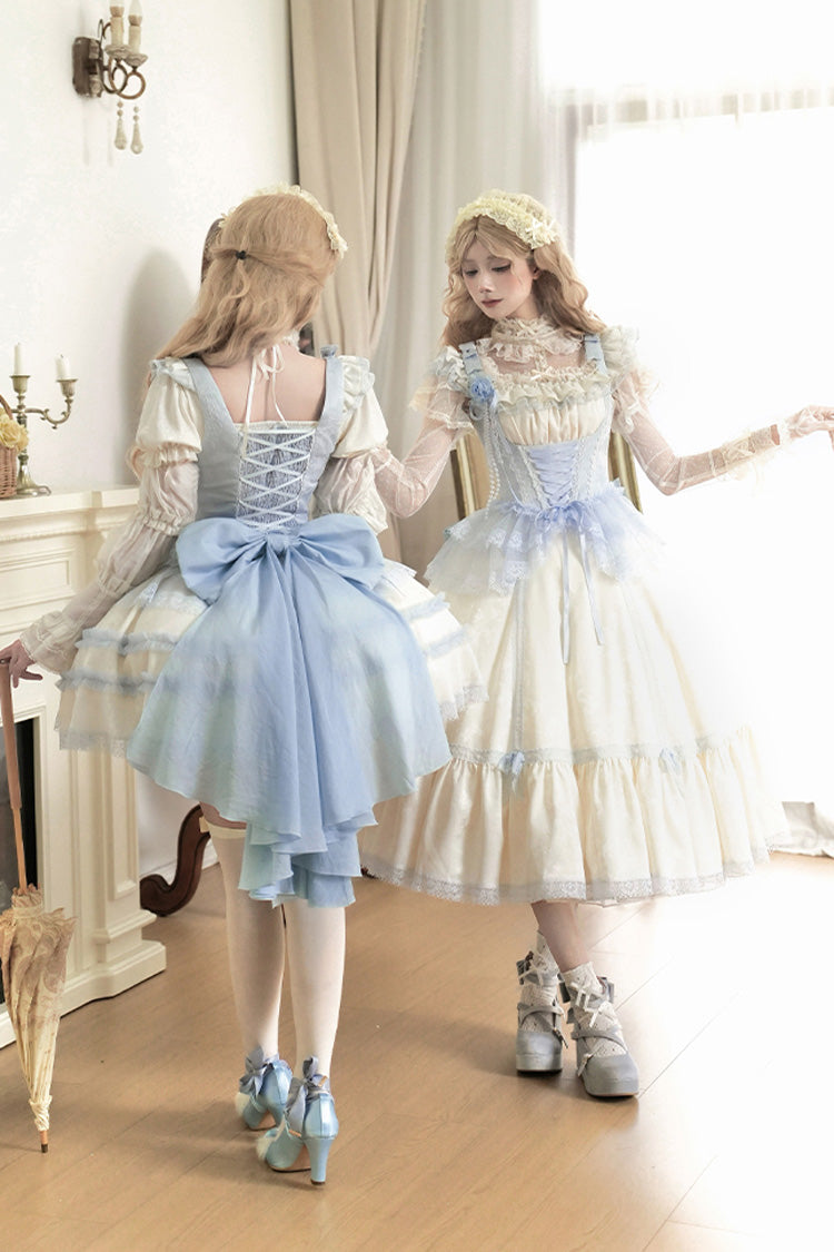 Ivory Sea Salt Iced Tea Square Collar Short Sleeves Ruffle Fishbone Sweet Lolita Short Dress