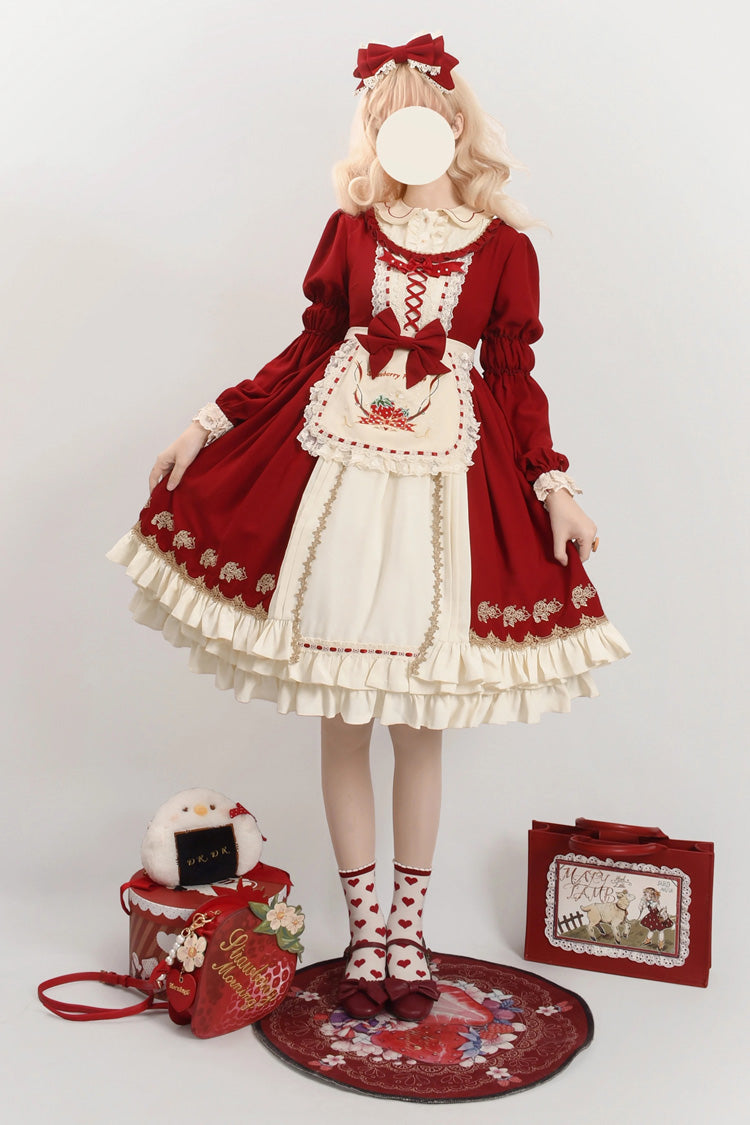 Red Tochigi Girl Double-Layered Ruffle Embroidery Cardigan Sweet Lolita Dress Full Set
