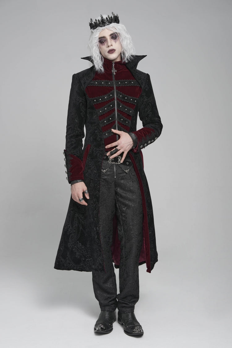 Black/Red Diamante Stand Collar Long Sleeves Printed Zippered Men's Gothic Long Coat
