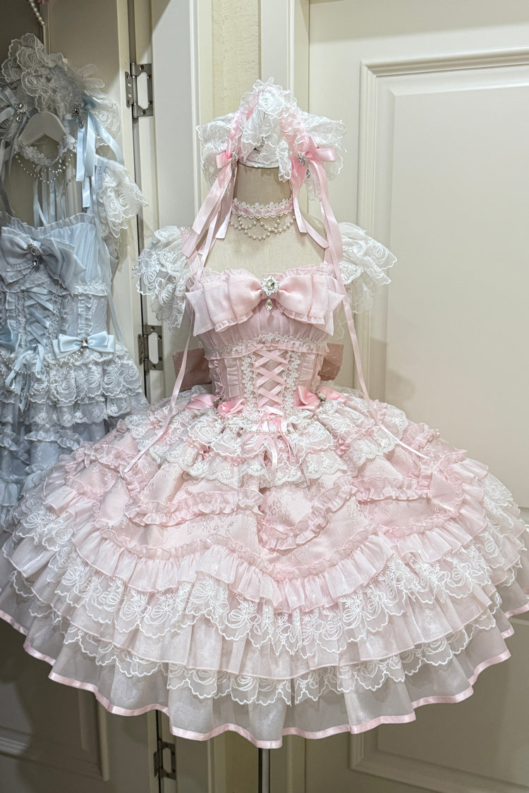 Pink Eternal Vow Sleeveless Multi-Layered Ruffle Hanayome Bowknot Lace Lace-Up Sweet Lolita Jsk Dress