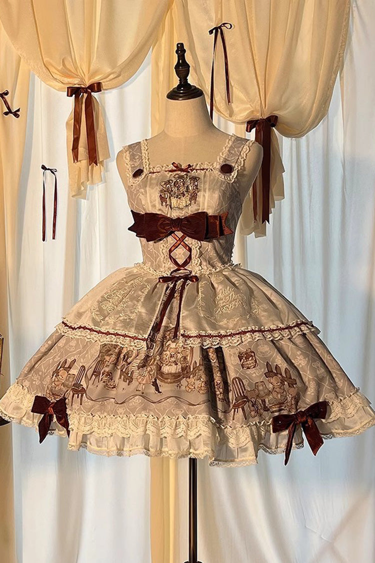 Castle Bear Sleeveless Print Ruffle Bowknot Lace Sweet Lolita Jsk Dress 4 Colors