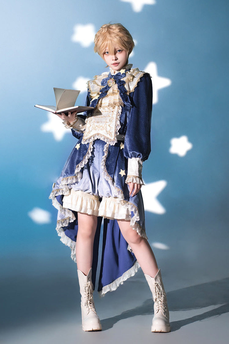Blue Long Sleeves Ombre Ruffled Bow Ouji Gothic Lolita Swallowtail Dress Shorts Set