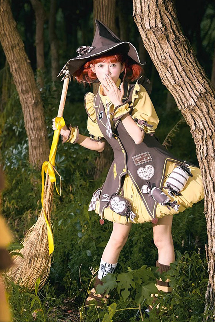 Brown/Yellow Witch and Paradise Short Sleeves Ruffle Bowknot Sweet Japanese Halloween Lolita Dress Vest Set