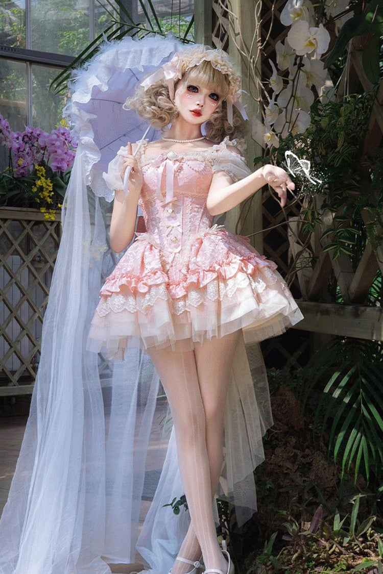 Pink Fleeting Light and Shallow Dream Sleeveless Multi-Layered Ruffle Bowknot Lace Slim Sweet Ballet Lolita Jsk Dress