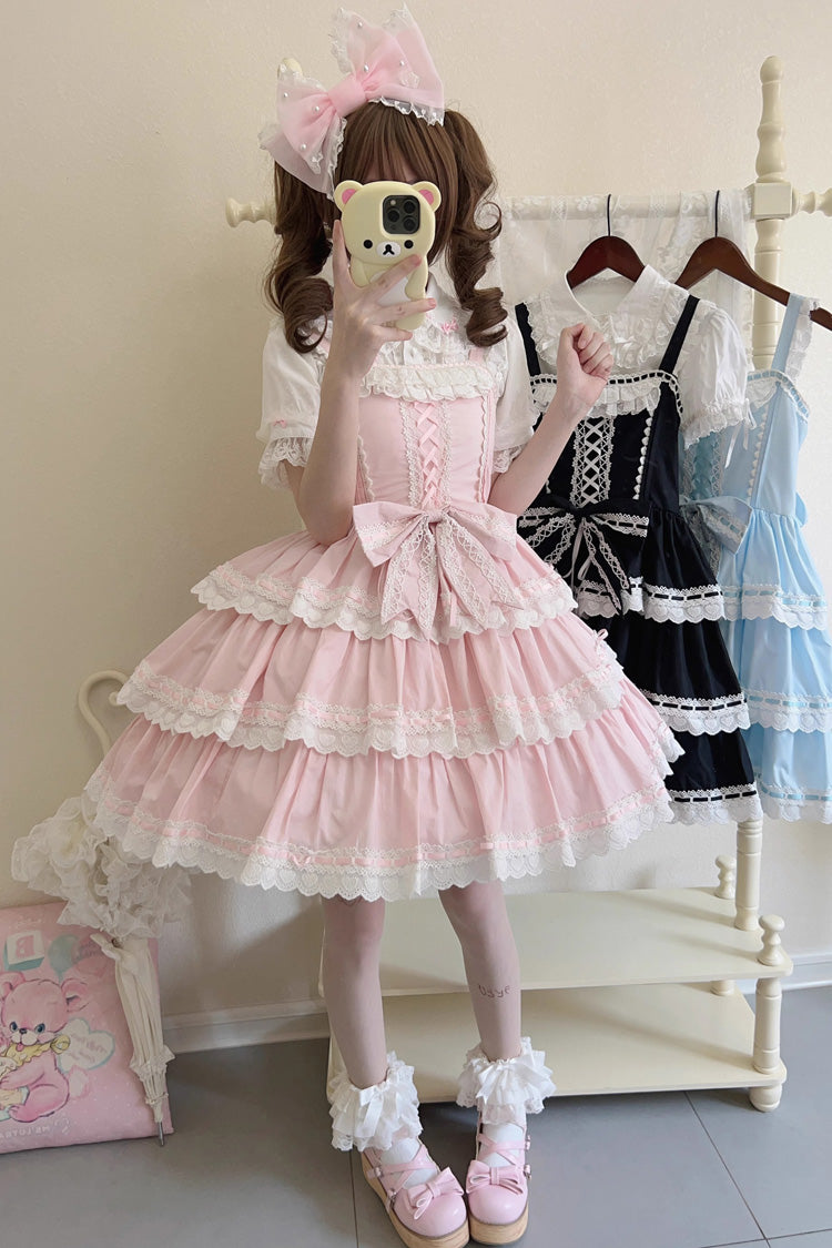 Pink Maiden Heart Triple-Layered Ruffle Bowknot Lace Sweet Lolita Jsk Dress