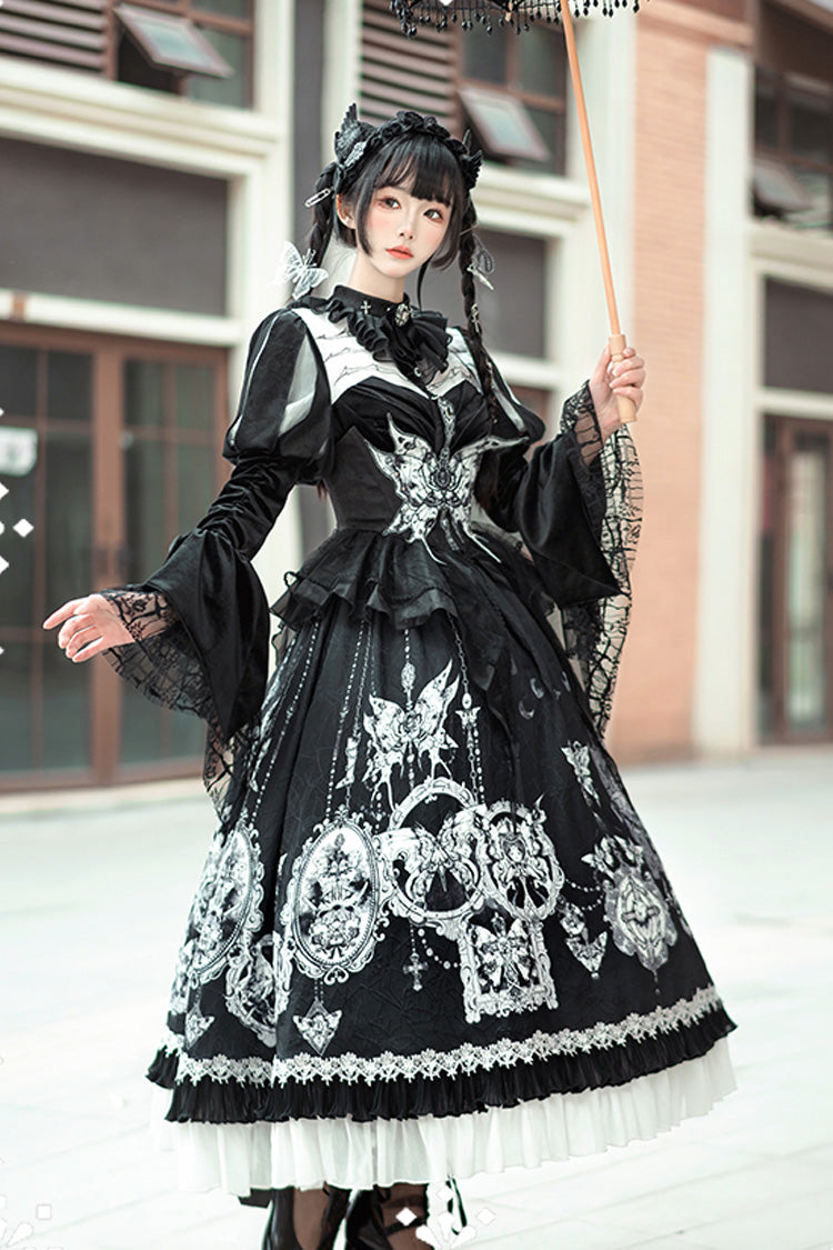 Black Feast of Bones Print Ruffle Bowknot Lace Gothic Elegant Lolita Long Dress